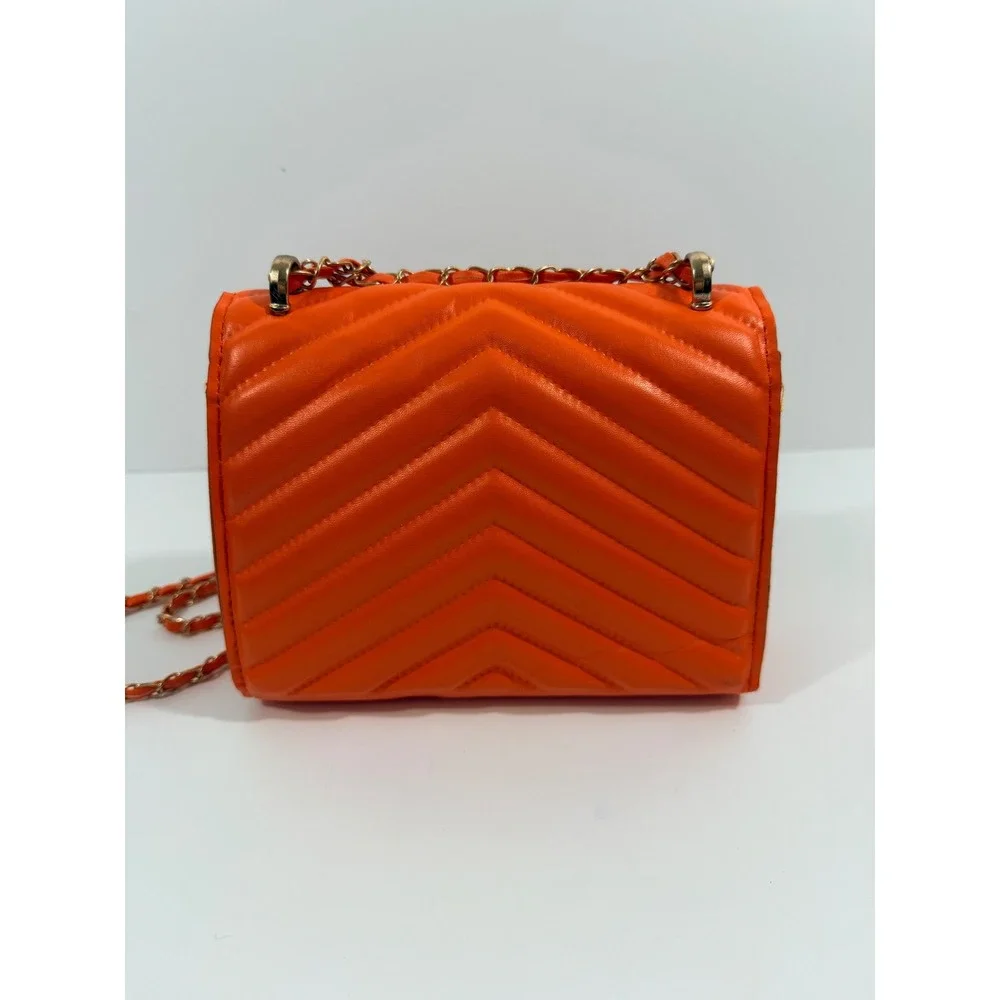Unbranded Crossbody Bag Womens Small Orange Good Chevron Quilted Gold Chain
